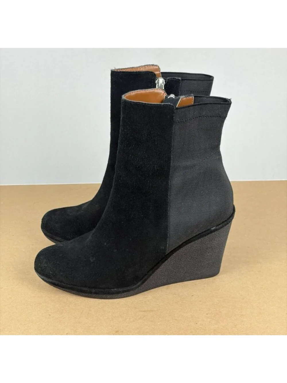 Adrienne Vittadini Pang Suede Wedge Boots Womens 8.5 Black Side Zip Casual